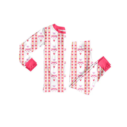 Preorder(moq 5) Baby Girls Pink Bows Hearts Stripe Top Pants Valentine Pajamas Sets 10.17