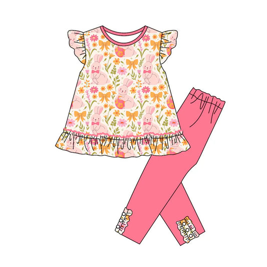 Preorder(moq 8)Baby Girls Rabbits Flowers Bows Tunic Leggings Easter Clothes Sets 9.27