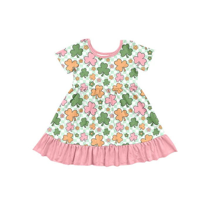 Preorder(moq 5) Baby Girls Clovers Flowers Checked St Patrick Ruffle Knee Length Dresses 10.18