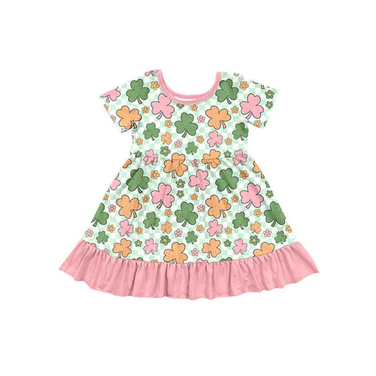 Preorder(moq 5) Baby Girls Clovers Flowers Checked St Patrick Ruffle Knee Length Dresses 10.18