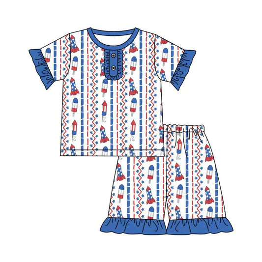 Preorder (moq 5)Baby Girls Popsicle Stars Stripe Button Top Ruffle Shorts 4th of July Clothes Sets 12.1