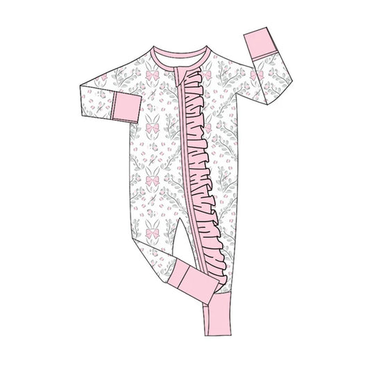 Preorder (moq 8)Baby Girls Pink Flowers Rabbits Easter Ruffle Zipper Footie Rompers 9.16