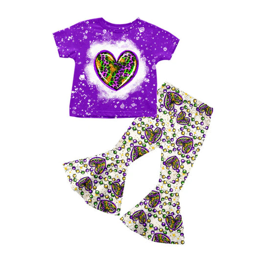 Preorder (moq 8)Baby Girls Leopard Hearts Top Bell Bottom Pants Mardigras Clothes Sets 9.10