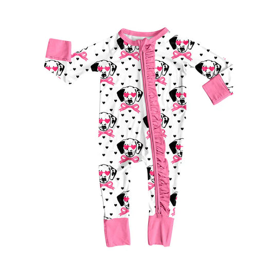 Preorder (moq 5)Baby Girls Hearts Dogs Bows Valentine Ruffle Zipper Footie Rompers 9.6