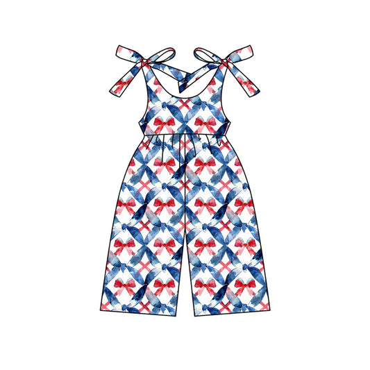 Preorder (moq 5)Baby Girls Strap Blue Red Bows 4th Of July Jumpsuits 4.25