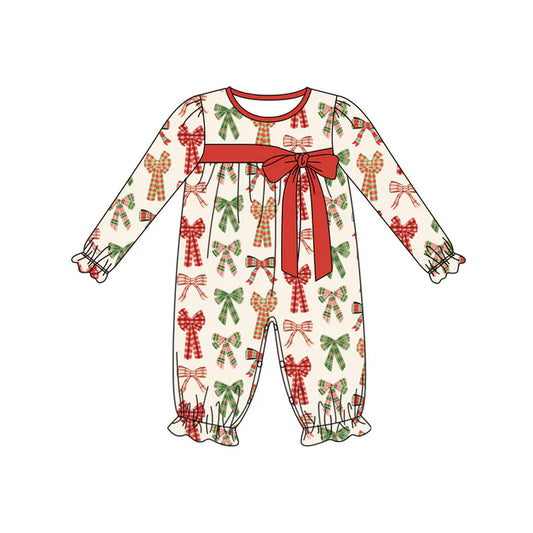 Preorder (moq 5)Baby Girls Long Ruffle Sleeves Green Red Plaid Bows Pant Rompers 5.28