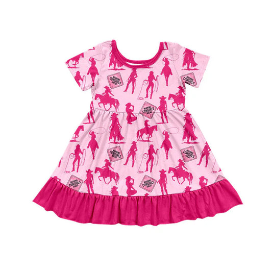 Preorder(moq 5) Baby Girls Hot Pink Horses Rodeos Western Ruffle Knee Length Dresses 10.18