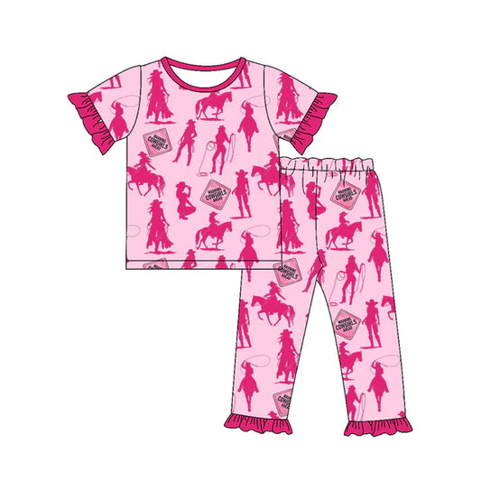 Preorder(moq 5) Baby Girls Hot Pink Horses Rodeos Top Ruffle Pants Western Pajamas Sets 10.18