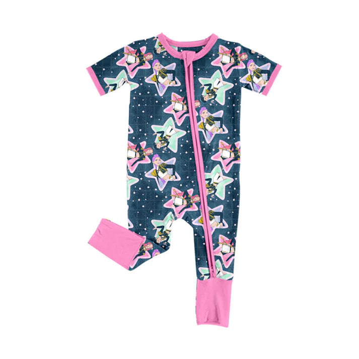 Preorder (moq 5)Baby Girls Cartoon Girls Stars Zipper Footie Rompers 10.18