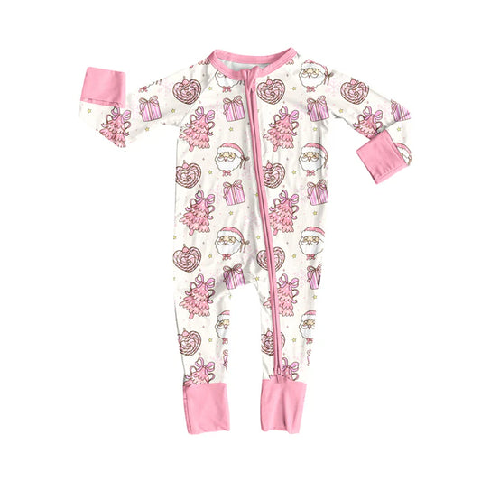 Preorder (moq 5)Baby Girls Long Sleeves Pink Santa Gifts Trees Zipper Pant Rompers 6.13