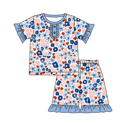 Preorder (moq 5)Baby Girls Red Blue Flowers Button Top Ruffle Shorts 4th of July Clothes Sets 12.1