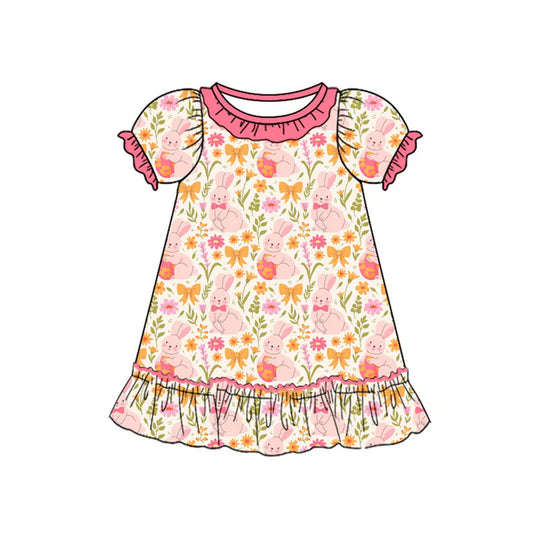 Preorder(moq 8)Baby Girls Rabbits Flowers Bows Easter Ruffle Knee Length Dresses 9.27