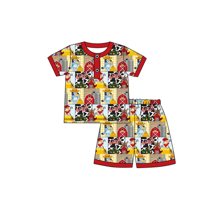 Preorder moq 5 Baby Boys Short Sleeves Cartoon Dogs House Button Top Shorts Farm Pajamas Set 4.14