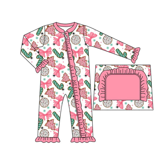 Preorder(moq 5)Baby Girls Long Sleeves Pink Bows Candy Cane Plaid Ruffle Zipper Rompers 7.25