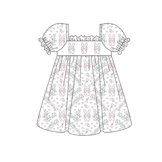 Preorder (moq 8)Baby Girls Pink Flowers Rabbits Easter Knee Length Dresses 9.16