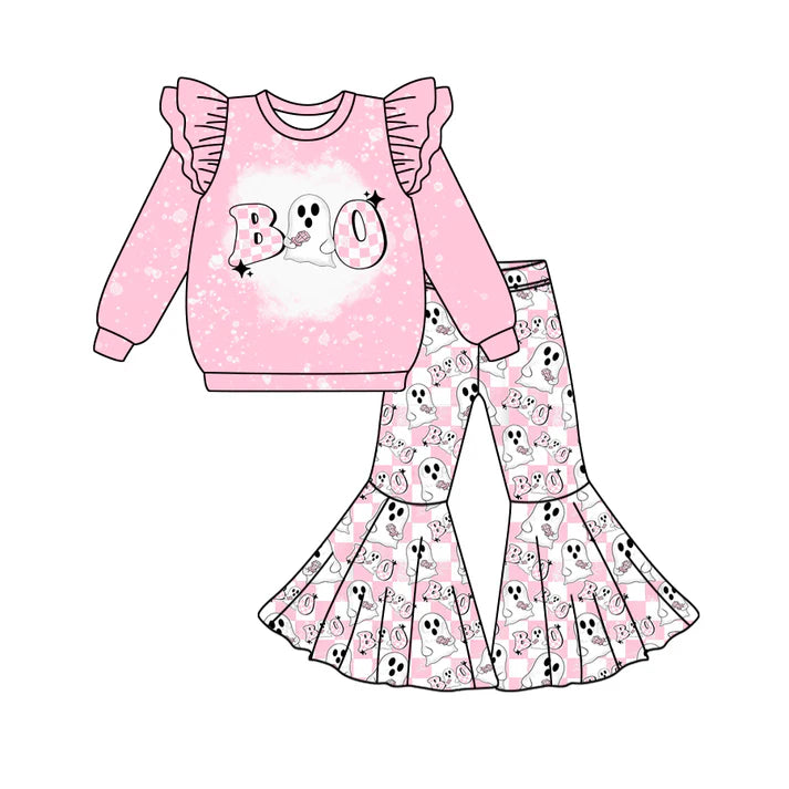 Preorder (moq 5)Baby Girls Pink Long Sleeves Ghost BOO Top Bell Bottom Pant Set 6.2