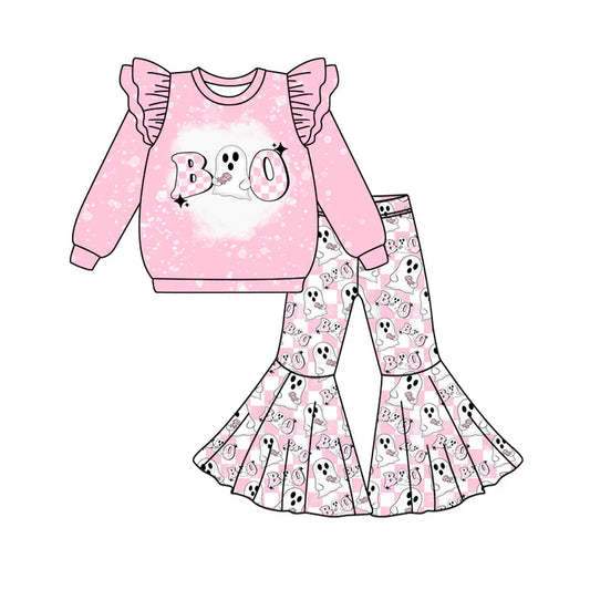 Preorder (moq 5)Baby Girls Pink Long Sleeves Ghost BOO Top Bell Bottom Pant Set 6.2