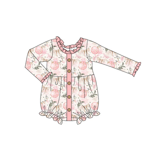 Preorder (moq 5)Baby Girls Long Sleeves Pink Bows Lights Button Ruffle Rompers 5.28
