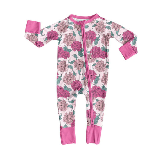 Preorder (moq 8)Baby Girls Pink Daisy Flowers Zipper Footie Rompers 9.30