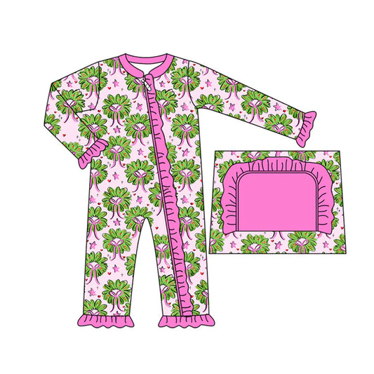 preorder(moq 5)Baby Infant Girls Pink Bows Holly Plaid Ruffle Christmas Zipper Rompers 7.31