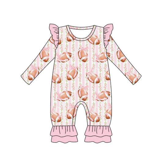 Preorder (moq 5)Baby Girls Long Sleeves Pink Bows Footballs Stripe Ruffle Pants Romper 7.5