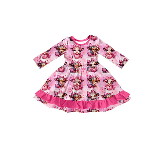 Preorder(moq 5) Baby Girls Pink Hearts Highland Cows Valentine Ruffle Knee Length Dresses 10.17