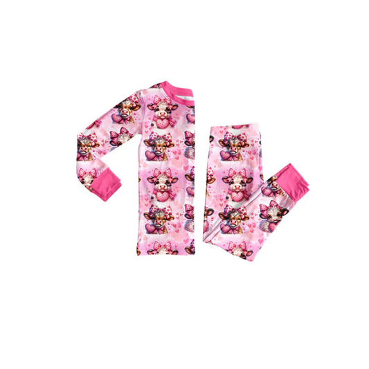 Preorder(moq 5) Baby Girls Pink Hearts Highland Cows Top Pants Valentine Pajamas Sets 10.17