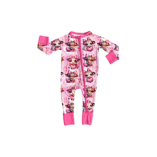 Preorder (moq 5)Baby Girls Pink Hearts Highland Bows Valentine Zipper Footie Rompers 10.17