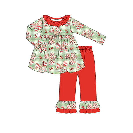 Preorder (moq 5)Baby Girls Long Sleeves Green Plaid Red Stripe Bows Tunic Ruffle Pant Sets 6.12
