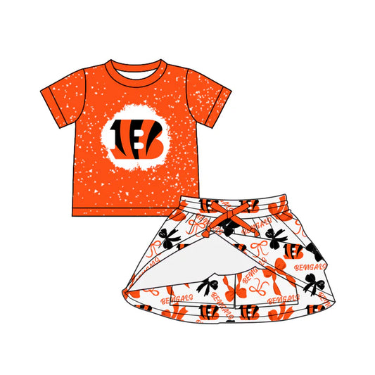 Preorder (moq 5)Baby Girls Red Short Sleeves Bengals Top Bows Plaid Skorts Team Set 6.30