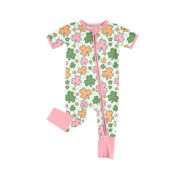 Preorder (moq 5)Baby Girls Clovers Flowers Checked St Patrick Zipper Footie Rompers 10.18