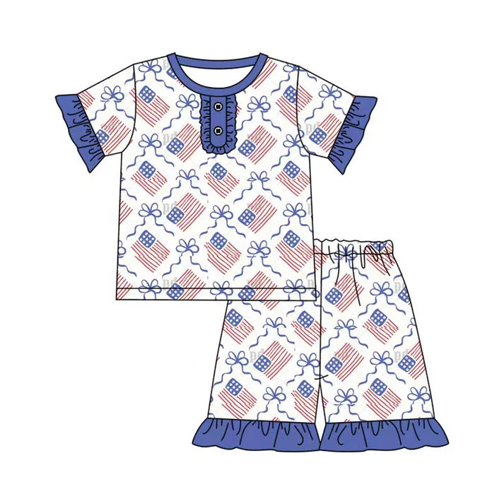 Preorder (moq 5)Baby Girls Bows Flags Checked Button Top Ruffle Shorts 4th of July Clothes Sets 12.1