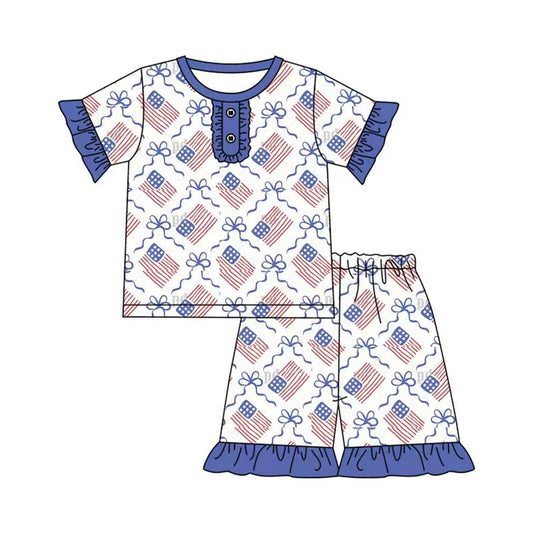 Preorder (moq 5)Baby Girls Bows Flags Checked Button Top Ruffle Shorts 4th of July Clothes Sets 12.1