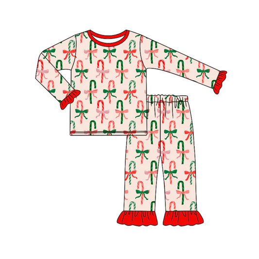 Preorder (moq 5)Baby Girls Long Ruffle Sleeves Red Bows Candy Cane Top Pant Pajamas Set 6.18