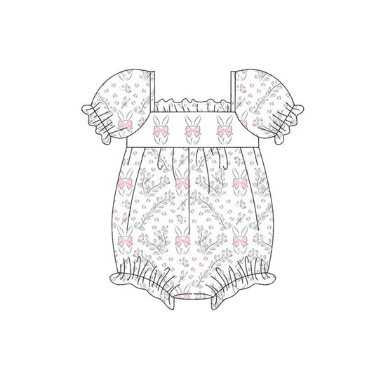 Preorder (moq 8)Baby Girls Pink Flowers Rabbits Easter Ruffle Footie Rompers 9.16