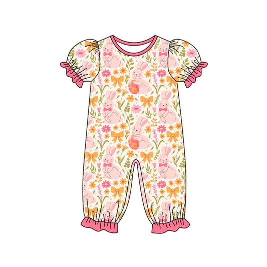 Preorder (moq 8)Baby Girls Rabbits Flowers Bows Easter Ruffle Footie Rompers 9.27