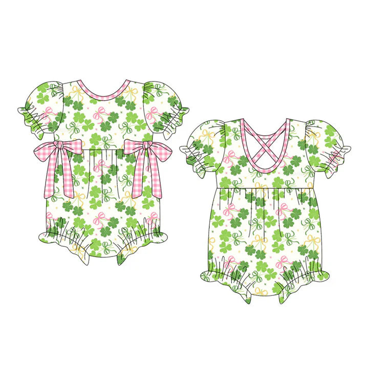 Preorder (moq 5)Baby Girls Short Ruffle Sleeve Bows Clovers St Patrick Rompers 10.16