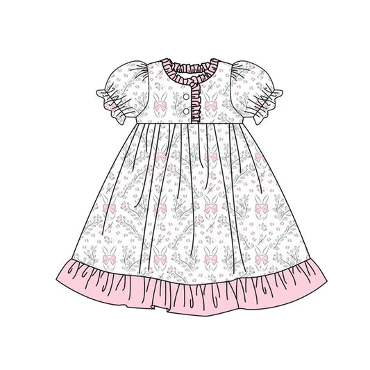 Preorder (moq 8)Baby Girls Flowers Rabbits Button Ruffle Easter Knee Length Dresses 9.16