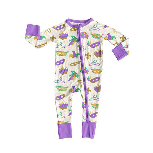 Preorder (moq 5)Baby Girls Mardigras Anchors Masks Zipper Footie Rompers 10.10
