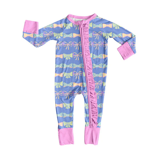 Preorder(moq 5)Baby Girls Pink Colorful Bows Zipper Footie Rompers 8.7