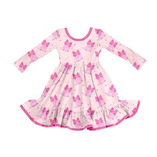 Preorder (moq 5)Baby Girls Pink Bows Boots Valentine Ruffle Knee Length Dresses 9.3