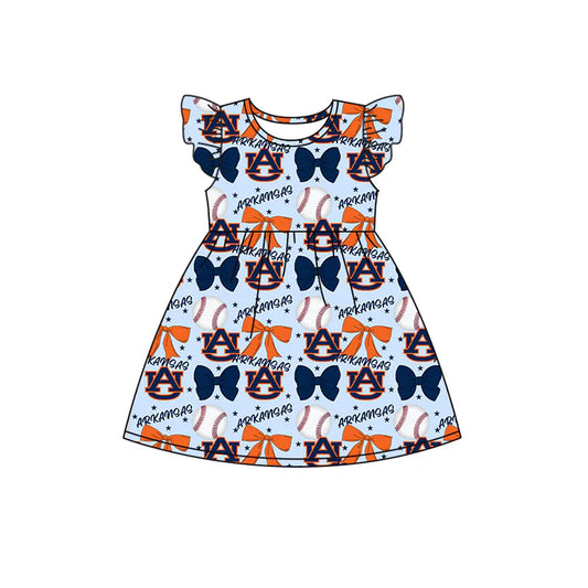 Preorder (moq 5)Baby Girls Flutter Sleeves Baseballs Bows AU Team Knee Length Dresses 6.16