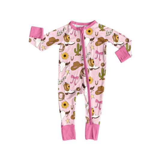 Preorder (moq 8)Baby Girls Pink Cactus Hats Bull Skulls Western Zipper Footie Rompers 9.22