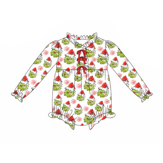 Preorder(moq 5)Baby Girls Green Face Snowflake Plaid Button Christmas Ruffle Rompers 8.15