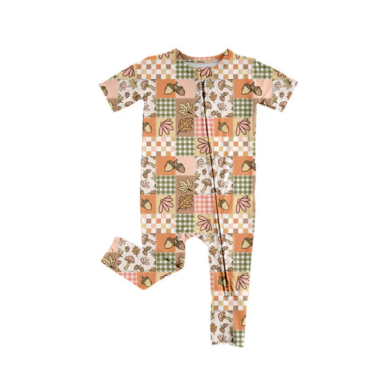 Preorder (moq 5)Baby Girls Short Sleeves Flowers Leaves Plaid Zipper Pant Rompers 6.13