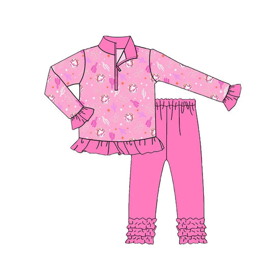 Preorder (moq 8)Baby Girls Pink Cactus Stars Zipper Pullover Ruffle Leggings Western Clothes Sets 9.11
