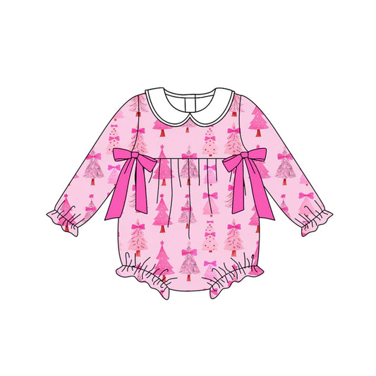 Preorder moq 5 Baby Infant Girls Hot Pink Long Sleeves Christmas Trees Plaid Ruffle Romper 7.14
