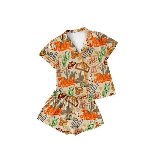 Preorder (moq 5)Baby Girls Khaki Short Sleeves Button Pocket Cactus Hats Top Shorts Wild Western Pajamas Set 4.24