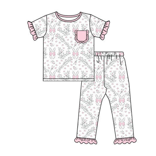 Preorder (moq 8)Baby Girls Pink Flowers Rabbits Top Ruffle Pants Easter Pajamas Sets 9.16