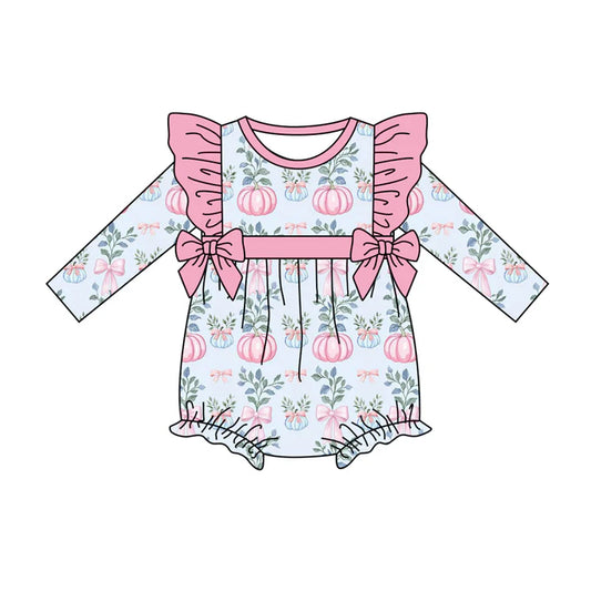 Preorder (moq 5)Baby Girls Long Sleeves Floral Pumpkins Bows Ruffle Romper 7.5